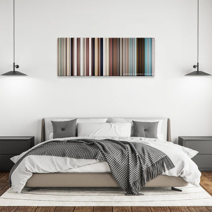 Australia color palette canvas above a bed, between two black pendant lamps