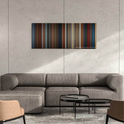 The Brothers Grimm color palette canvas on a concrete wall above a gray sectional sofa