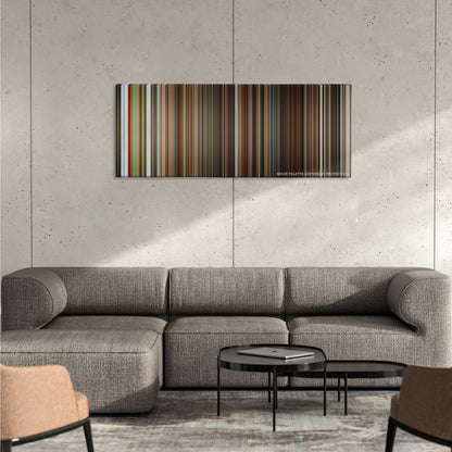 Lucky Number Slevin color palette canvas on a concrete wall above a gray sectional sofa