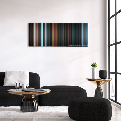 The Predator color palette canvas above a black sofa with a gold-topped table