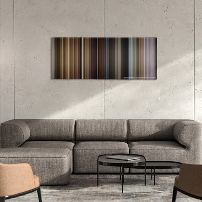 Bohemian Rhapsody color palette canvas on a concrete wall above a gray sectional sofa