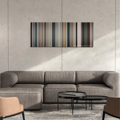 Y Tu Mama Tambien color palette canvas on a concrete wall above a gray sectional sofa