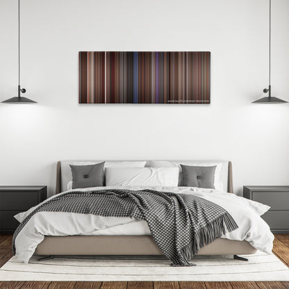 Ransom color palette canvas above a bed, between two black pendant lamps