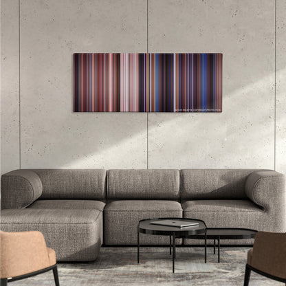 Mars Attacks! color palette canvas on a concrete wall above a gray sectional sofa