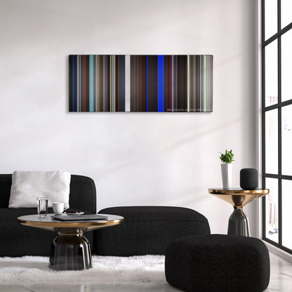 25th Hour color palette canvas above a black sofa with a gold-topped table