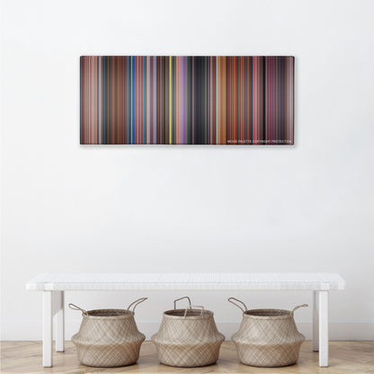 Peter Pan color palette canvas above a white bench with three woven baskets