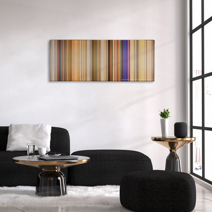 White Chicks color palette canvas above a black sofa with a gold-topped table