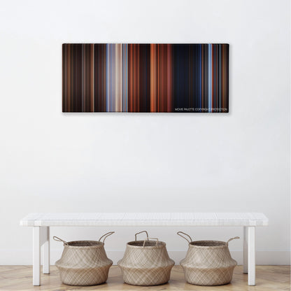 The Time Machine color palette canvas above a white bench with three woven baskets