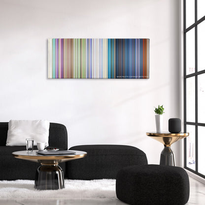 Robin Hood color palette canvas above a black sofa with a gold-topped table