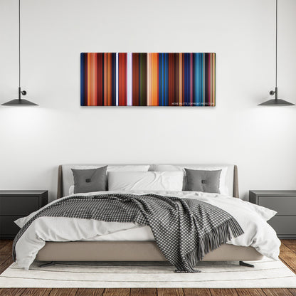 Kubo and the Two Strings color palette canvas above a bed, between two black pendant lamps
