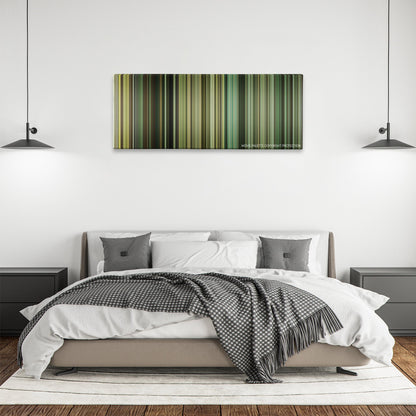 The Kingdom color palette canvas above a bed, between two black pendant lamps