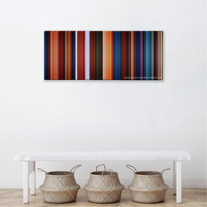 Kubo and the Two Strings color palette canvas above a white bench with three woven baskets