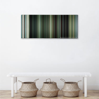 Swiss Army Man color palette canvas above a white bench with three woven baskets