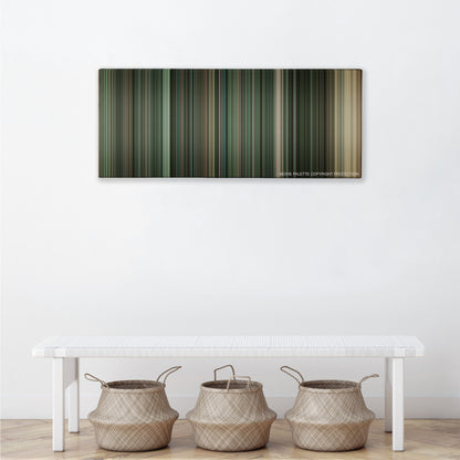 The Taking of Pelham 123 color palette canvas above a white bench with three woven baskets