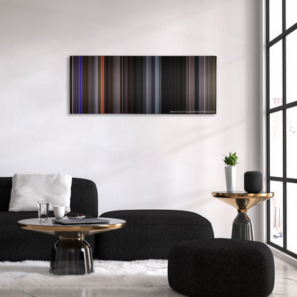 Hostel color palette canvas above a black sofa with a gold-topped table