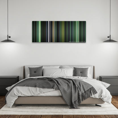The Matrix color palette canvas above a bed, between two black pendant lamps