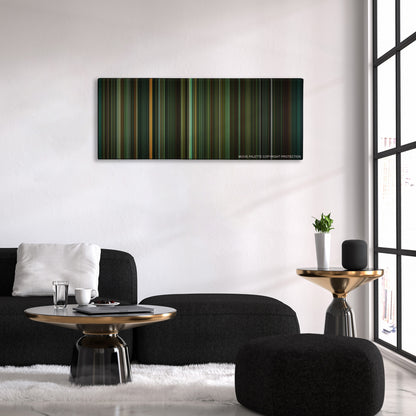 The Shape of Water color palette canvas above a black sofa with a gold-topped table