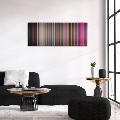 Mallrats color palette canvas above a black sofa with a gold-topped table