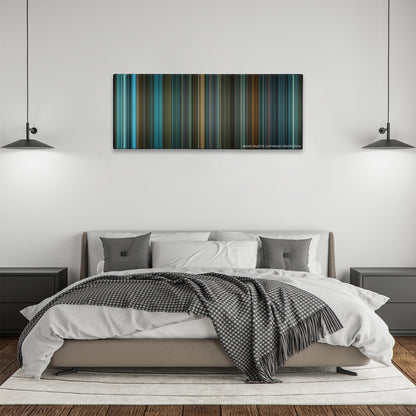 Blade Runner color palette canvas above a bed, between two black pendant lamps