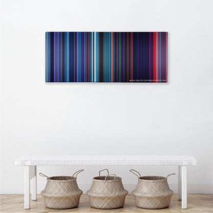 Pocahontas color palette canvas above a white bench with three woven baskets