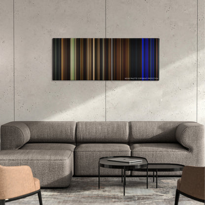 Lights Out color palette canvas on a concrete wall above a gray sectional sofa