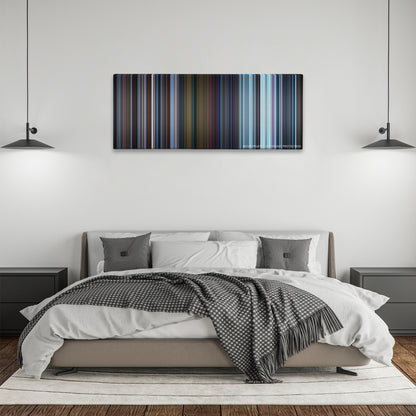 Charlie and the Chocolate Factory color palette canvas above a bed, between two black pendant lamps