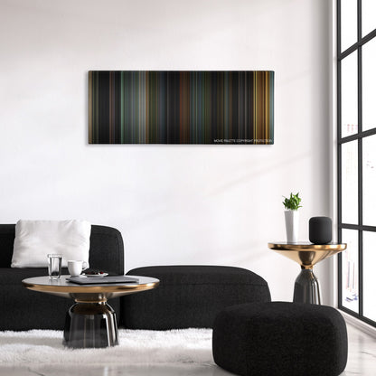 House of Wax color palette canvas above a black sofa with a gold-topped table