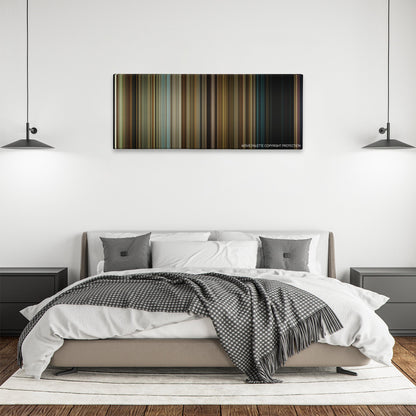 Oculus color palette canvas above a bed, between two black pendant lamps