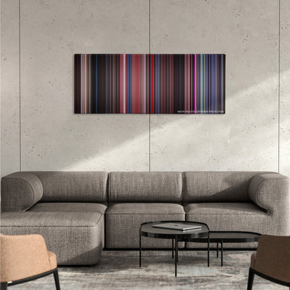 The Rocky Horror Picture Show color palette canvas on a concrete wall above a gray sectional sofa