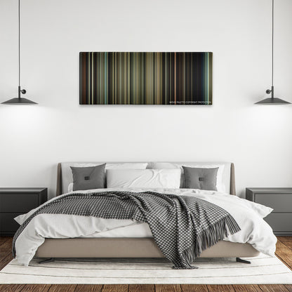 Contraband color palette canvas above a bed, between two black pendant lamps