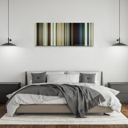 1917 color palette canvas above a bed, between two black pendant lamps