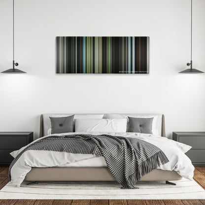 Antichrist color palette canvas above a bed, between two black pendant lamps
