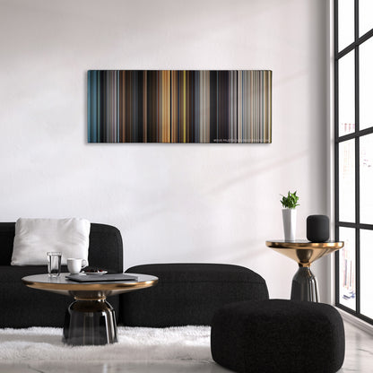 Avengers: Age of Ultron color palette canvas above a black sofa with a gold-topped table