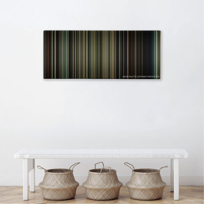 Contraband color palette canvas above a white bench with three woven baskets