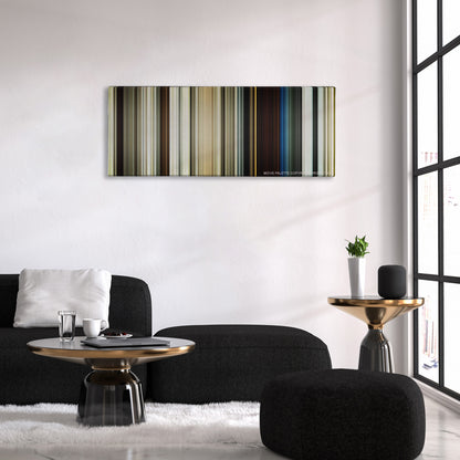 1917 color palette canvas above a black sofa with a gold-topped table
