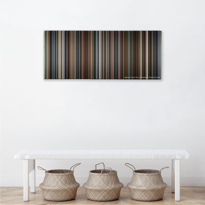 Ocean's Eight color palette canvas above a white bench with three woven baskets