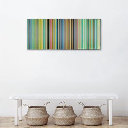 Ponyo color palette canvas above a white bench with three woven baskets