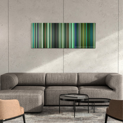 T2 Trainspotting color palette canvas on a concrete wall above a gray sectional sofa