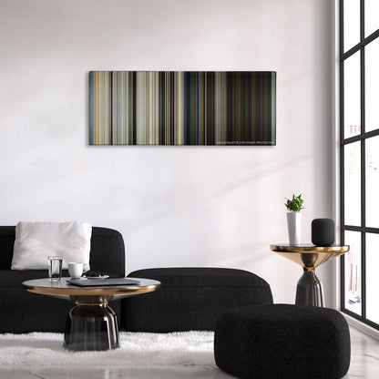Captain Phillips color palette canvas above a black sofa with a gold-topped table
