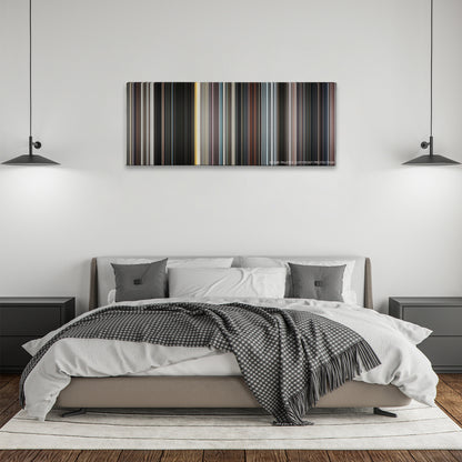 Iron Man color palette canvas above a bed, between two black pendant lamps