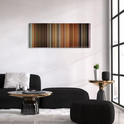 Zack and Miri Make a Porno color palette canvas above a black sofa with a gold-topped table