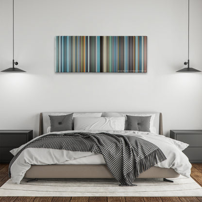 The Secret Life of Walter Mitty color palette canvas above a bed, between two black pendant lamps