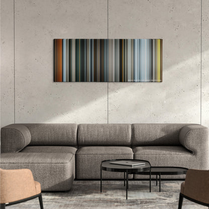 The Hobbit: The Battle of the Five Armies color palette canvas on a concrete wall above a gray sectional sofa