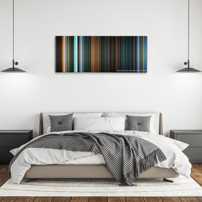 The Predator color palette canvas above a bed, between two black pendant lamps