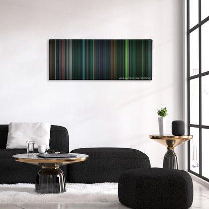 Saw V color palette canvas above a black sofa with a gold-topped table