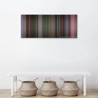 Dr. Seuss' How the Grinch Stole Christmas color palette canvas above a white bench with three woven baskets