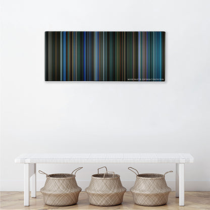 Watchmen color palette canvas above a white bench with three woven baskets