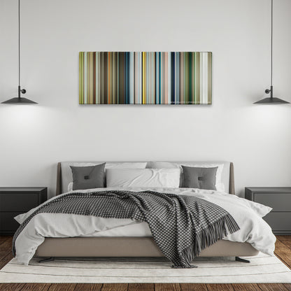 Life of Pi color palette canvas above a bed, between two black pendant lamps
