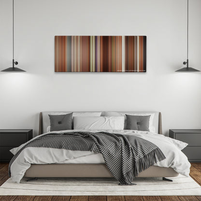 The Proposal color palette canvas above a bed, between two black pendant lamps