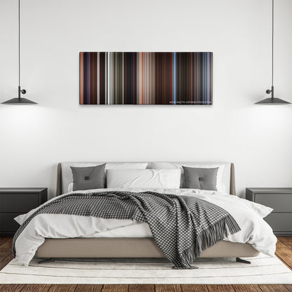 The 13th Warrior color palette canvas above a bed, between two black pendant lamps